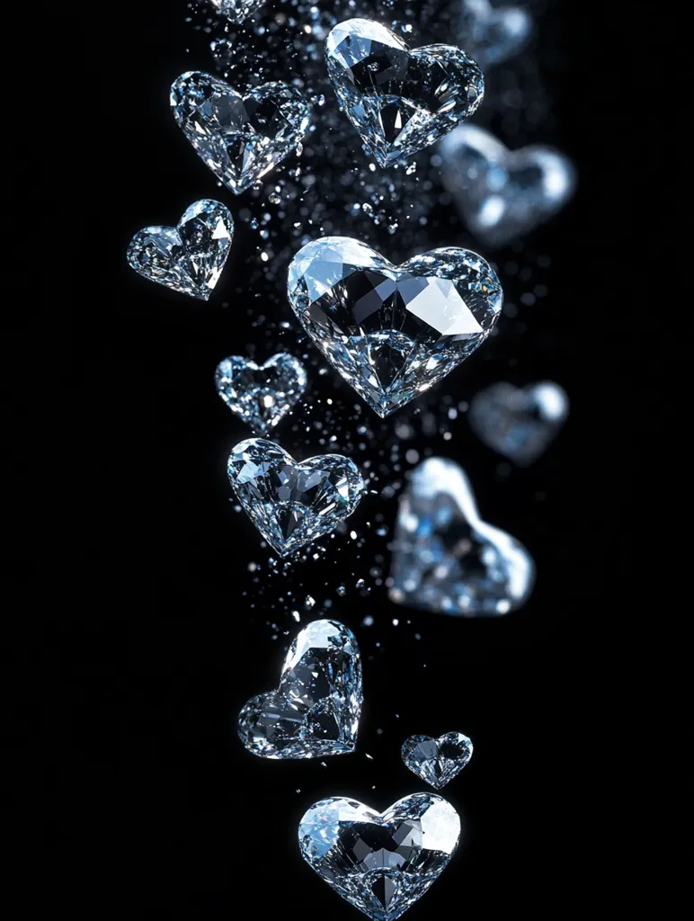 Here's a description of the image:

A cascade of sparkling, heart-shaped diamonds falls against a stark black background.  The diamonds vary in size, with a large, central heart-shaped diamond dominating the image.  Smaller diamonds, both larger and smaller, are scattered around it, creating a sense of movement and luxurious abundance.  A subtle, glittering effect suggests the diamonds' brilliance and the motion of their descent.  The overall effect is one of elegance, romance, and extravagant beauty.
