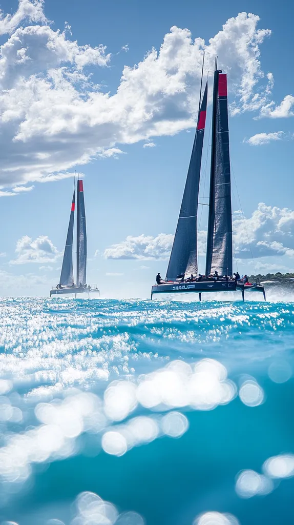 Here's a description of the image:

Two sleek, modern sailing catamarans glide across a vibrant turquoise ocean under a partly cloudy sky.  The boats are dark-colored with bright red accents near their masts.  The foreground focuses on the sparkling, translucent water, creating a bokeh effect of light reflecting off the surface.  The background showcases a beautiful expanse of blue sky dotted with fluffy white clouds.  The scene suggests a dynamic sailing race or regatta in a tropical or sub-tropical location.