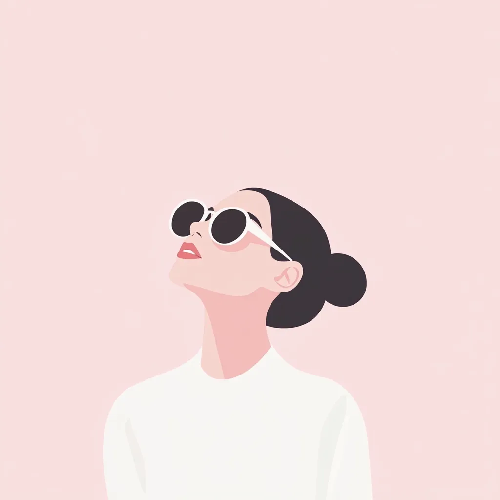Here's a description of the image:

The illustration depicts a stylized woman, her face and upper body visible against a pale pink background. She's wearing large, round white sunglasses and a simple white turtleneck top. Her dark hair is pulled back into a neat bun.  Her head is tilted back, her gaze directed upwards, suggesting contemplation or admiration of something above. The style is minimalist and clean, with soft color palettes and smooth lines. The overall mood is serene and fashionable.