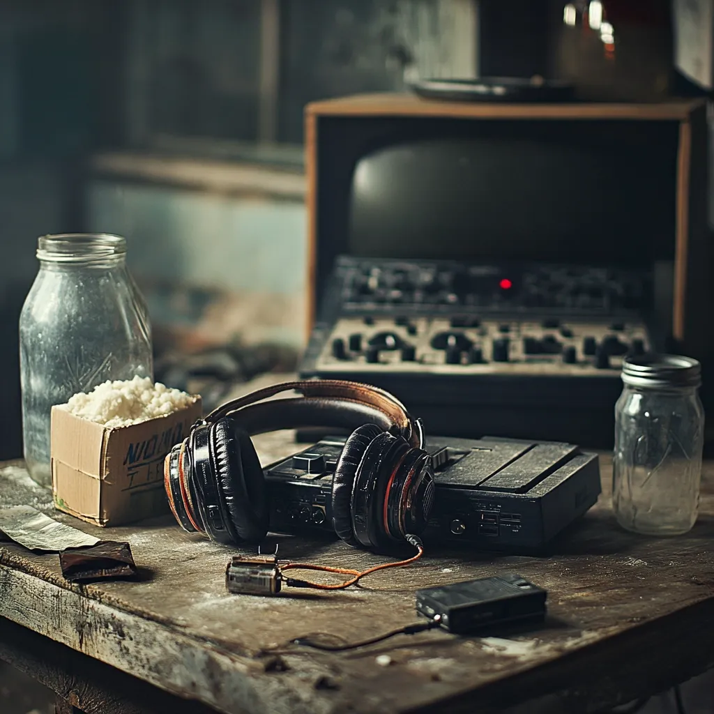 Here's a description of the image:

A rustic wooden table holds a collection of vintage audio equipment and jars.  A pair of over-ear headphones rests on a cassette player, which sits beside a dusty, older-model audio mixer and a turntable. Two mason jars, one containing a substance in a small cardboard box, the other empty, add to the scene's aged aesthetic.  The overall ambiance is dark and slightly gritty, suggestive of an abandoned recording studio or forgotten workspace.  The low lighting emphasizes texture and depth.