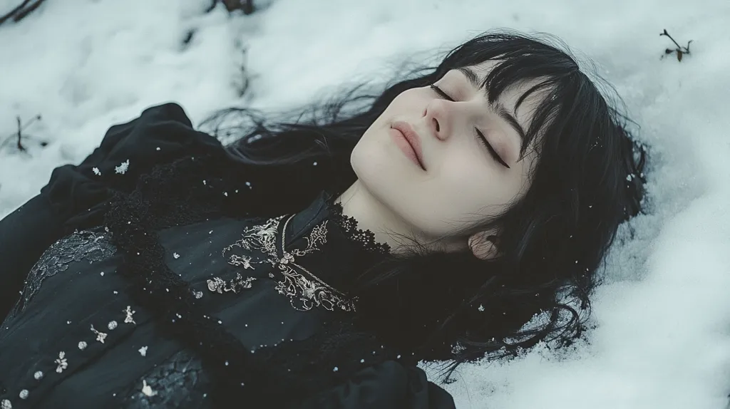 A young woman with long, dark hair lies on her back in the snow, eyes closed, seemingly asleep or unconscious. She wears a dark, ornate dress with lace detailing, the fabric dusted with snowflakes.  The scene is somber and evocative, with a muted color palette emphasizing the cold winter setting.  The overall impression is one of stillness and quiet contemplation, or perhaps a sense of vulnerability and melancholy.