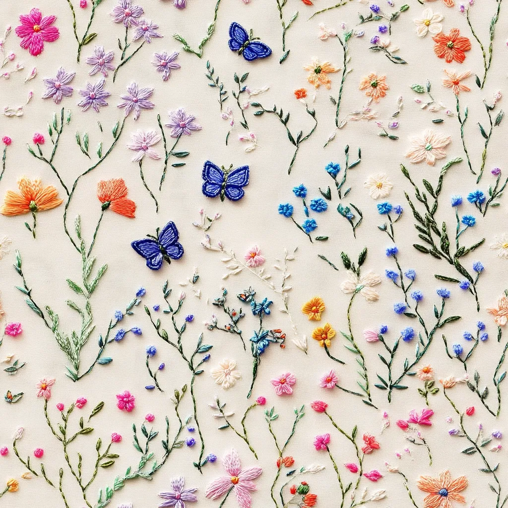 Here's a description of the image:

The image showcases a meticulously embroidered textile featuring a whimsical array of colorful flowers and butterflies.  The flowers, rendered in various shades of pink, purple, orange, blue, and yellow, are delicately stitched onto a creamy off-white background.  Tiny, vibrant butterflies in shades of blue add a playful touch. The overall effect is a densely patterned, yet charmingly naturalistic representation of a blooming meadow, created with exceptional skill and attention to detail.  The stitching style is fine and consistent, suggesting a high level of craftsmanship.