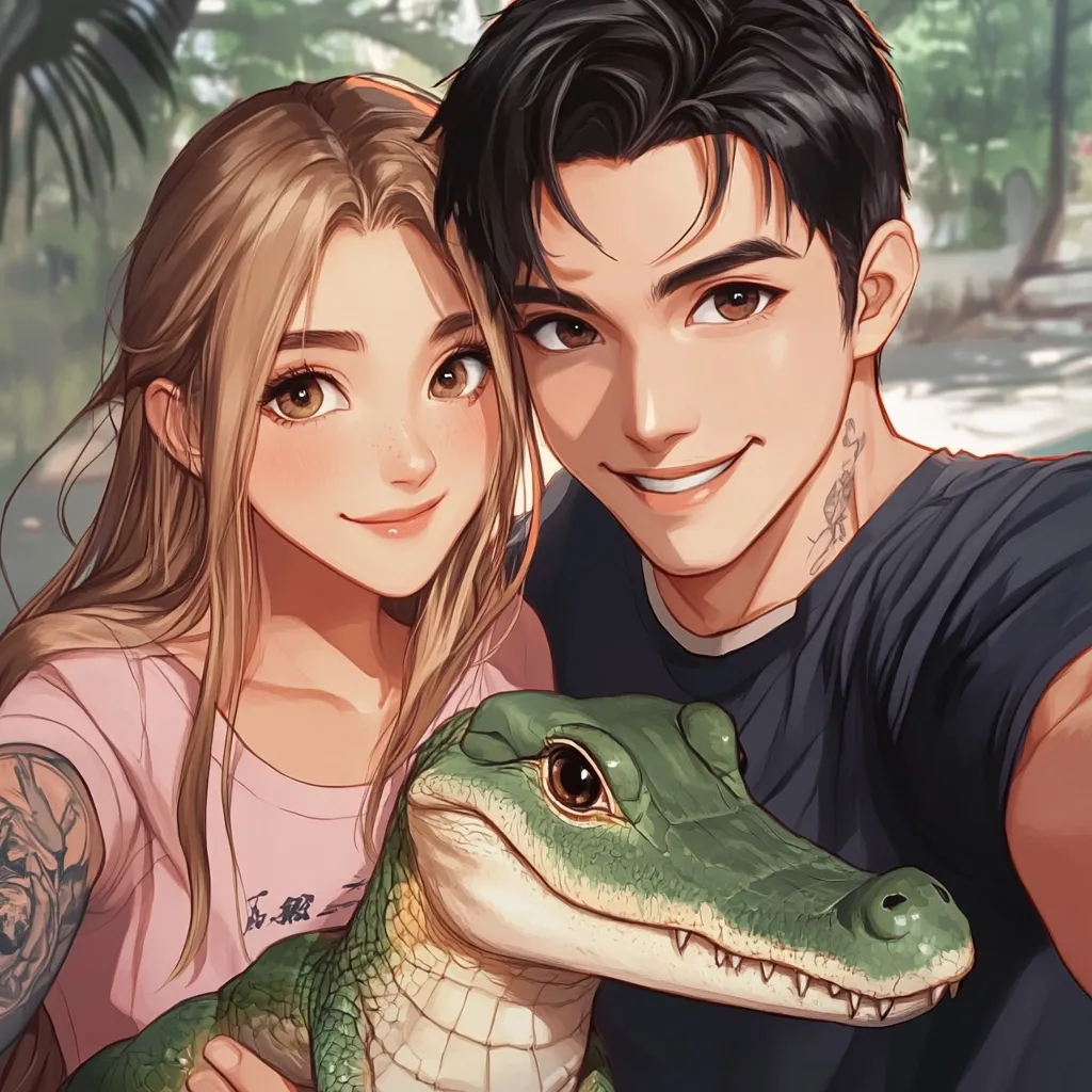 Here's a description of the image:

The image is a stylized anime-style illustration of a young couple posing for a selfie with a small alligator. The woman has long blonde hair and fair skin, wearing a pink shirt.  The man has dark hair, and is wearing a dark-colored shirt.  Both have expressive eyes and soft features.  The alligator appears friendly and is being held gently. The overall style is soft, with a focus on warm tones and smooth lines, creating a romantic and slightly whimsical mood. The background suggests an outdoor setting.