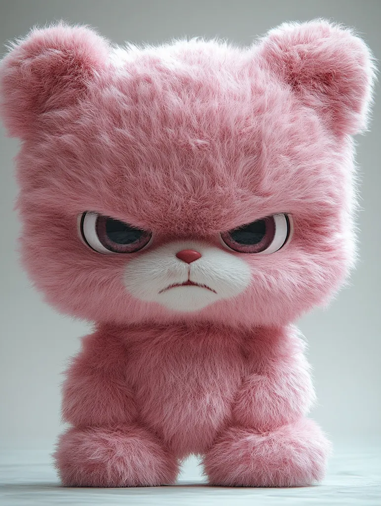 Here's a description of the image:

The image shows a close-up of a digitally rendered pink teddy bear.  Its fur is exceptionally fluffy and detailed, giving it a plush, almost hyperrealistic appearance. The bear's expression is one of intense anger or frustration; its eyes are narrowed, and its mouth is set in a firm, displeased line. Despite its cute form, the overall effect is unsettling due to the juxtaposition of its adorable features and furious expression. The background is a simple, neutral gray, drawing all focus to the bear itself.