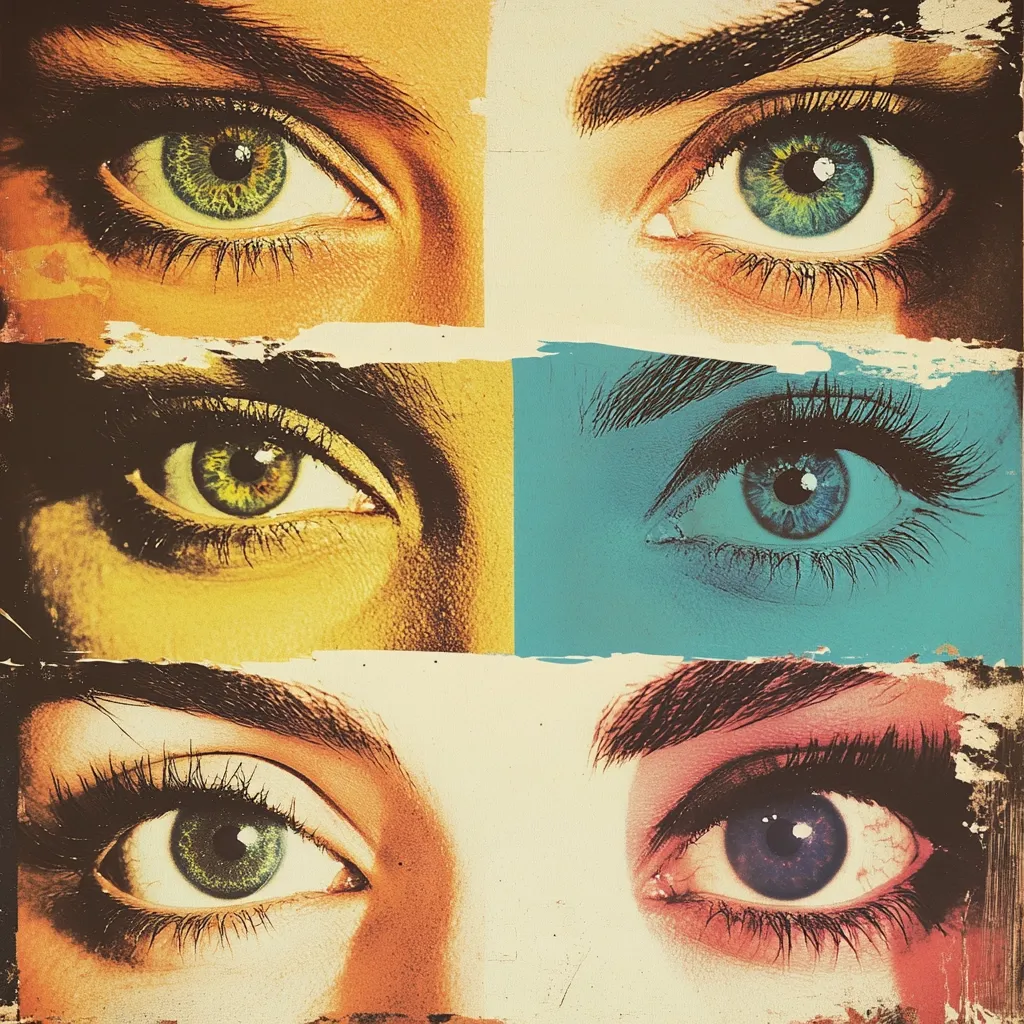 The image is a collage of four close-up shots of women's eyes.  Each eye is framed individually against a different colored background – ochre, teal, and two shades of beige. The eyes are strikingly similar in shape and expression, yet the color grading and textural effects create a distinct vintage or retro feel. The overall aesthetic is bold and graphic, focusing on the captivating intensity of the gaze.