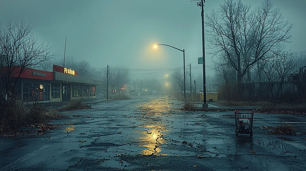 Here's a description of the image:

A desolate, misty street scene unfolds under a muted, greyish sky.  A row of mostly empty storefronts, one bearing a faded "Park Plaza" sign, lines the left side of the cracked asphalt road.  Bare, winter trees stand silhouetted against the fog.  A single streetlight casts a warm glow on the wet pavement, reflecting in puddles.  A lone shopping cart sits abandoned in the middle of the street, adding to the overall sense of emptiness and decay. The atmosphere is melancholic and eerily quiet.