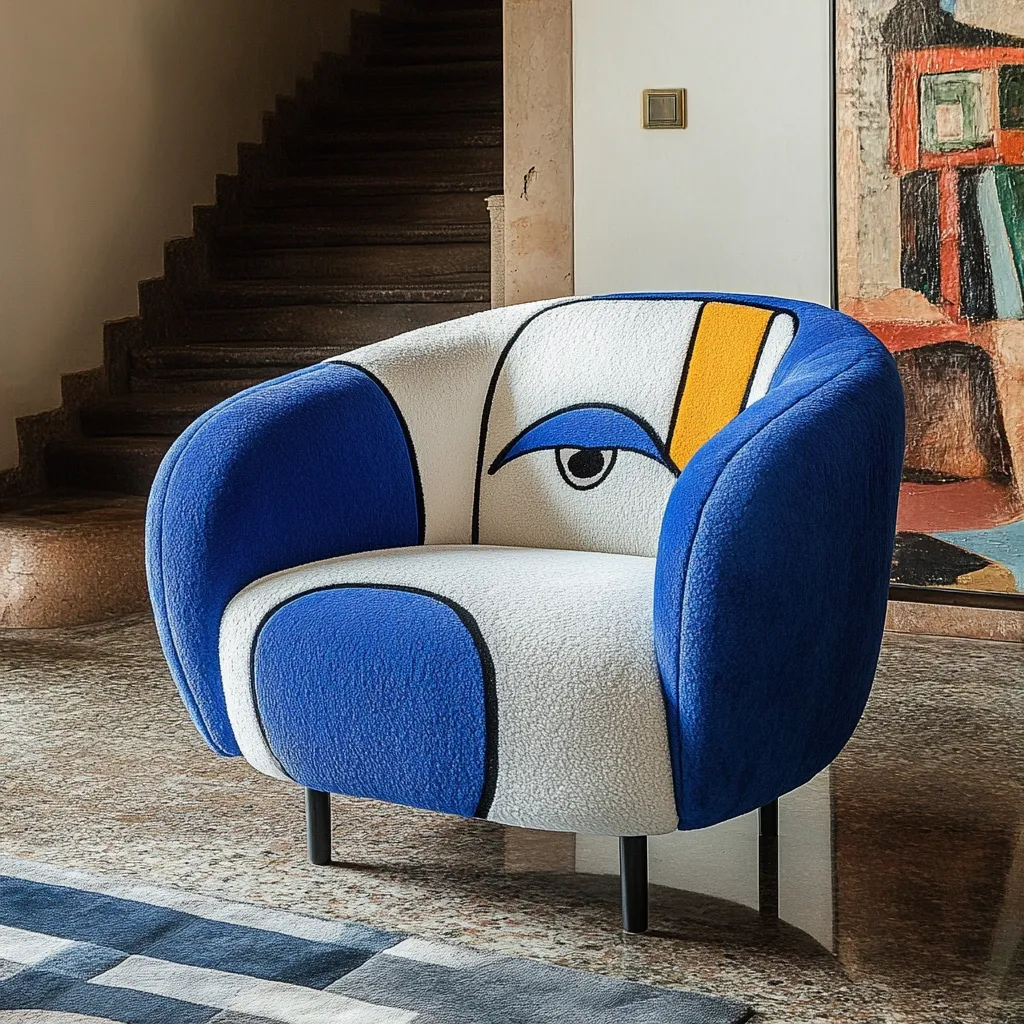 Here's a description of the image:

A stylish armchair, upholstered in a plush white and blue fabric, commands attention.  The fabric features a bold, abstract design incorporating a stylized eye and geometric shapes in shades of blue, white, and yellow, reminiscent of modernist art. The chair's rounded form and dark legs provide a modern contrast to the playful upholstery.  It sits on a polished floor, partially visible, near a staircase and a large piece of abstract art, creating a sophisticated, artistic interior scene.