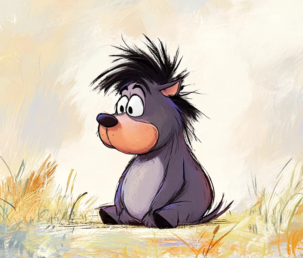 Here's a description of the image:

The illustration depicts a cartoonish, chubby creature resembling a porcupine or hedgehog, but with dog-like features. It has large, expressive eyes, a short snout, and a distinctive spiky, black hair tuft on its head.  The creature is a muted purple-grey, sitting on what appears to be dry, light-brown grass. The style is painterly, with visible brushstrokes creating a textured background and adding to the whimsical feel of the character.  The overall tone is light and playful.