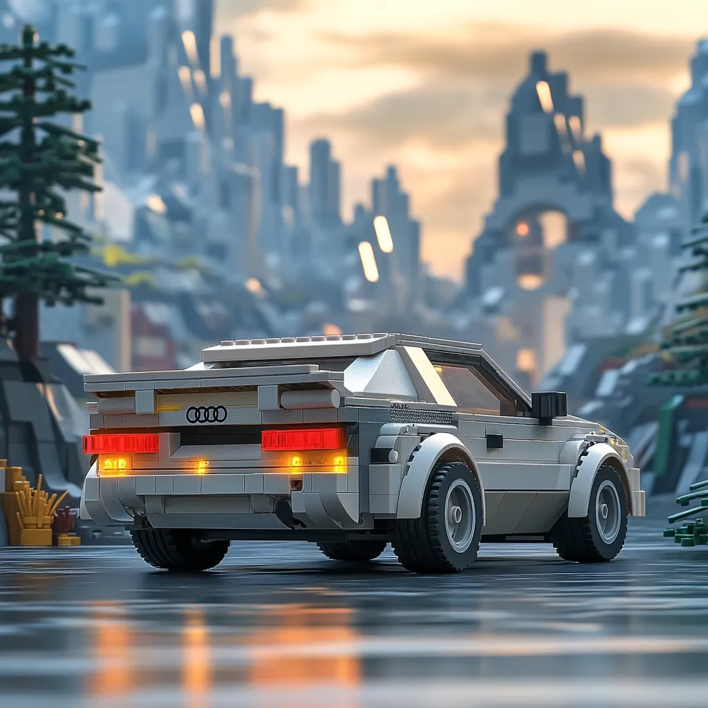 Here's a description of the image:

The photo shows a meticulously crafted LEGO model of a classic Audi Quattro, viewed from the rear. The car is light gray, with illuminated taillights, showcasing impressive detail. The background is a blurred cityscape, appearing as a stylized LEGO creation itself, with futuristic-looking architecture and a warm, sunset-like glow. The overall mood is one of nostalgic charm and creative ingenuity, blending a vintage car model with a futuristic, slightly dystopian backdrop. The wet ground reflects the car's lights, adding to the ambiance.