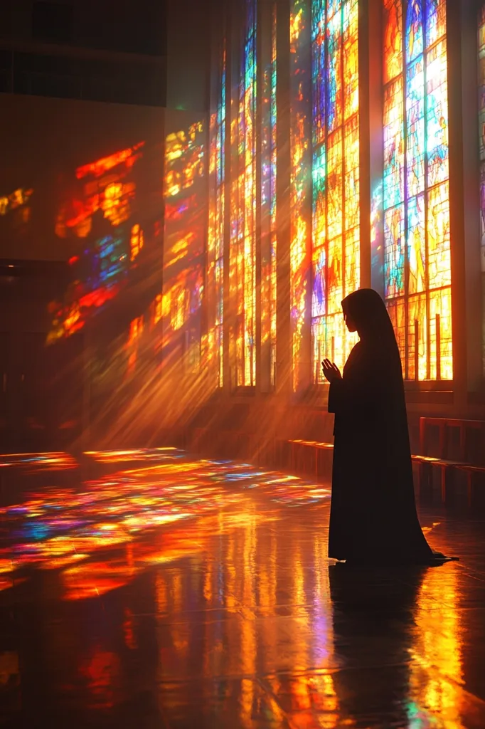 A lone figure, cloaked in black and appearing to be a nun, stands in prayer in a church.  Sunlight streams through a breathtaking expanse of stained-glass windows, casting vibrant, multicolored patterns across the floor. The scene is bathed in warm, radiant light, creating a mystical and spiritual atmosphere.  The nun's silhouette is sharply defined against the brilliant colors, emphasizing her devotion and the sacred space.