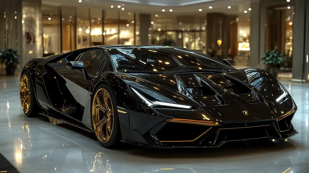 A sleek, black Lamborghini, accented with gold rims, is parked in a luxurious, dimly lit interior space.  The car's polished body reflects the surrounding ambient lighting, showcasing its aerodynamic design and sharp lines. The background subtly suggests a high-end shopping mall or hotel lobby. The overall image exudes wealth and sophistication.