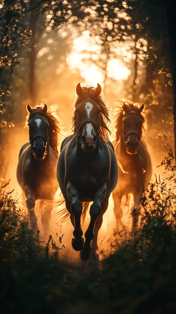 Three dark brown horses gallop through a sun-drenched forest.  The central horse is in sharp focus, its mane and tail flying as it leads the pair.  Backlit by the setting sun, the scene is bathed in a warm, golden light, creating a hazy, ethereal atmosphere.  Dust rises from the path as the horses race forward, their powerful strides emphasized by the low-light setting. The forest's shadowy depths frame the majestic animals, making for a breathtaking image.