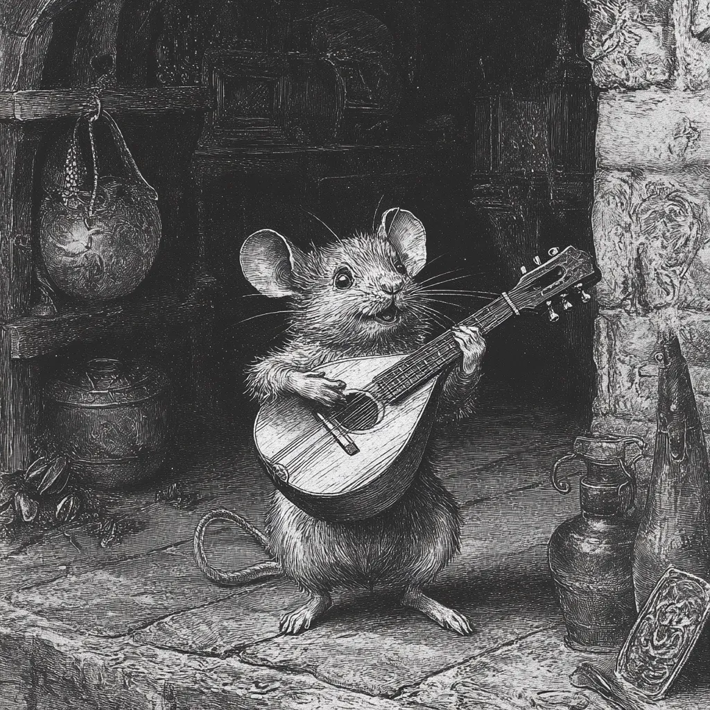 A monochrome illustration depicts a mouse, meticulously detailed, playing a mandolin. The mouse sits upright, its large ears and expressive face visible. It holds the instrument with surprising dexterity. The setting is a rustic, dimly lit stone room or cellar, with various containers and a hanging object suggesting a storage area. The overall style evokes a vintage, perhaps Victorian-era, print or book illustration.  The image is rich in texture and shading, creating a sense of depth and atmosphere.