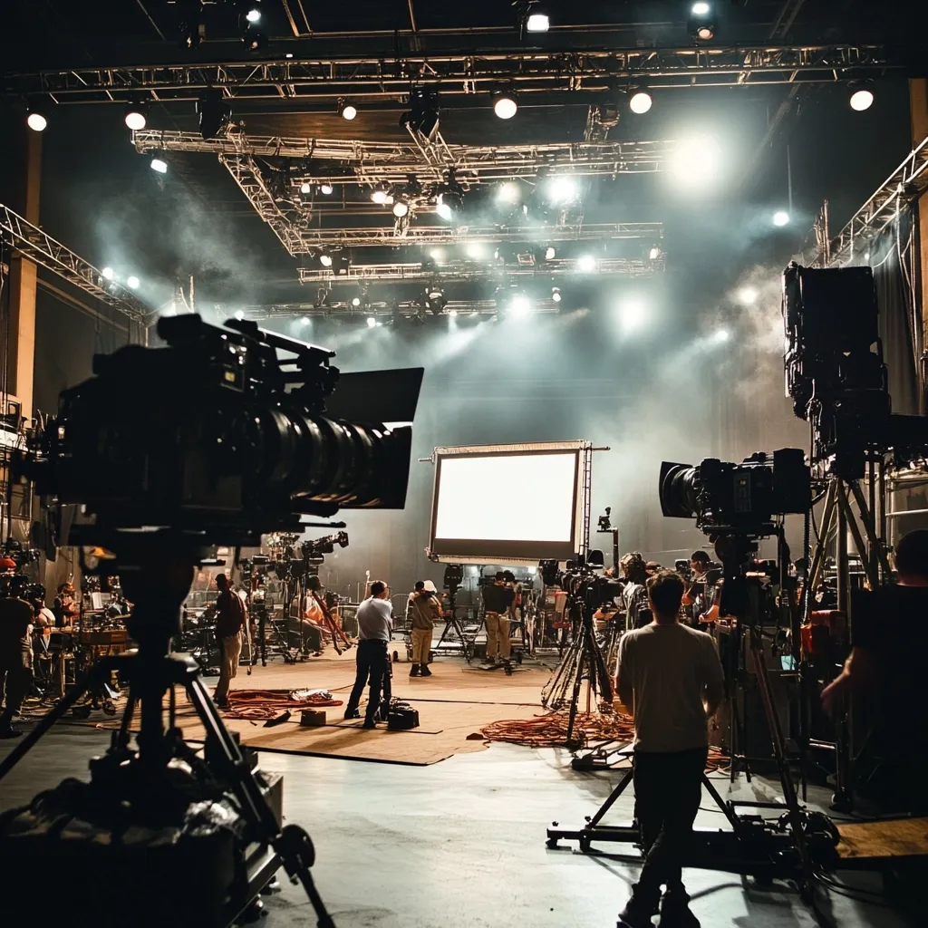A film or television studio is bustling with activity.  Multiple large professional cameras are positioned around a blank screen, their lenses pointed towards the center.  Crew members are visible, some setting up equipment, others seemingly preparing for a scene.  The studio's lighting rig is prominent, casting a dramatic light on the scene.  The overall atmosphere suggests the imminent start of filming.