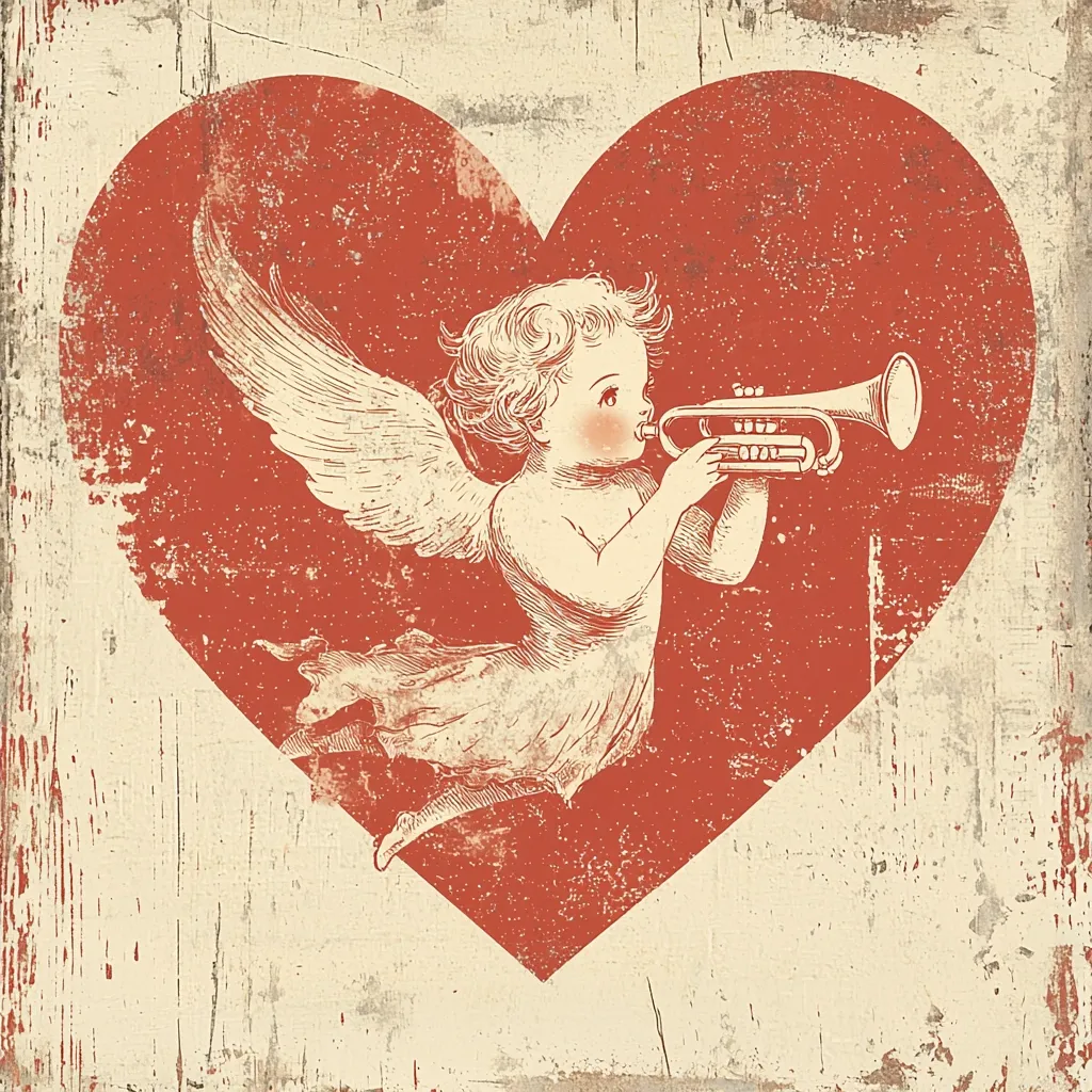 Here's a description of the image:

The image is a vintage-style illustration featuring a cherubic angel with wings, playing a trumpet within a large, distressed red heart. The style evokes antique Valentine's Day imagery, with a worn, textured background suggesting age and possibly wood grain. The angel is depicted in a flowing robe, and the heart provides a strong focal point, symbolizing love and affection. The overall color palette is muted, using creams, reds, and browns to create a nostalgic and romantic atmosphere. The image could be used for Valentine's Day cards or other romantic themed projects.