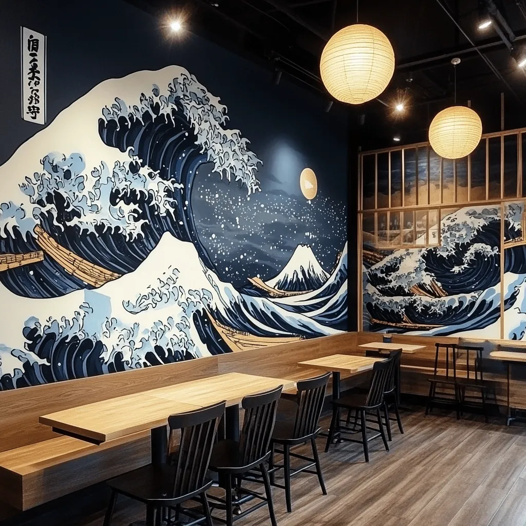 A restaurant interior features a large mural depicting Hokusai's "The Great Wave off Kanagawa."  The stylized waves and Mount Fuji are painted in shades of blue and white against a dark background.  Simple, light-wood tables and black chairs are arranged along the wall beneath the artwork, creating a calm, sophisticated dining space.  Paper lanterns hang from the ceiling, adding to the serene Japanese aesthetic.  A smaller, similar wave mural is visible on a partitioned wall.