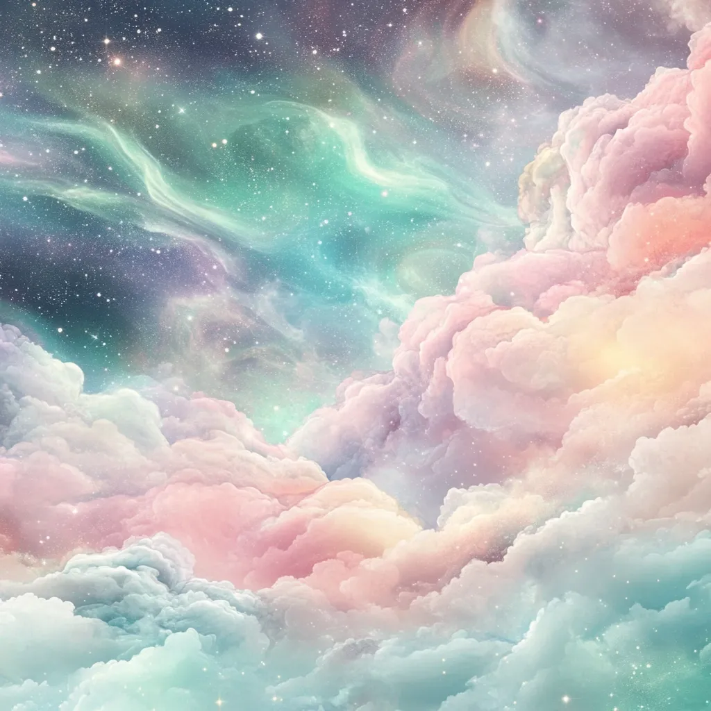Here's a description of the image:

The image depicts a dreamy, ethereal landscape of pastel-colored clouds nestled beneath a vibrant, star-studded nebula.  The clouds are predominantly soft pinks, peaches, and mint greens, creating a fluffy, almost cotton-candy-like texture.  The nebula above shimmers with teal and purple hues, interspersed with sparkling stars, adding depth and a celestial quality to the scene. The overall effect is one of serene beauty and fantastical wonder, suggesting a dreamlike or otherworldly atmosphere.