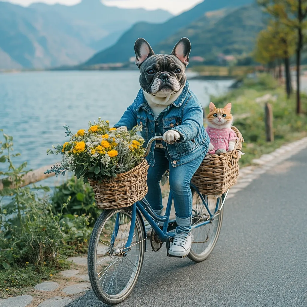A French Bulldog, dressed in a denim jacket and jeans, rides a blue bicycle along a scenic road by a lake.  A ginger cat in a pink sweater sits in the front basket, while a wicker basket overflowing with yellow and white wildflowers adorns the handlebars.  Mountains and tranquil water form a picturesque background. The scene is whimsical and charming, evoking a sense of carefree adventure.