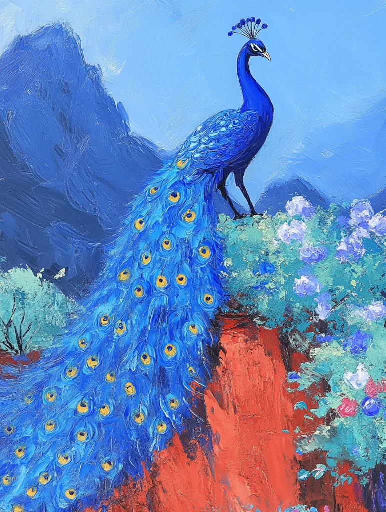 Here's a description of the image:

The painting depicts a vibrant blue peacock perched on a reddish-orange rock formation. Its long, iridescent tail feathers, filled with detailed "eyes," cascade down, contrasting beautifully with the surrounding lush, textured greenery. The background features a hazy, blue mountain range, suggesting a serene, possibly mountainous landscape. The artist's style is expressive, with visible brushstrokes adding texture and depth to the peacock's plumage, the foliage, and the rocky outcrop. The overall effect is a striking blend of realism and impressionism, creating a captivating image of nature's beauty.