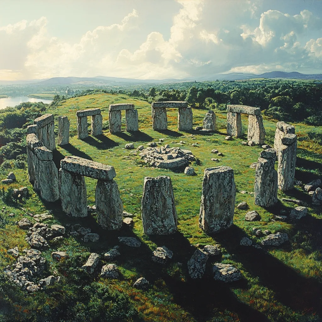 Here is a description of the image:

A high-angle, long shot depicts a stone circle reminiscent of Stonehenge, set in a verdant field. The stones are weathered and vary in height, forming a mostly complete ring. The surrounding landscape is idyllic, with rolling hills and a distant body of water visible under a partly cloudy sky. The scene is bathed in sunlight, casting long shadows from the stones onto the grassy ground.  Scattered rocks and debris lie both inside and outside the circle.  In the far distance, a hint of civilization is suggested. The overall impression is one of ancient mystery and peaceful serenity.
