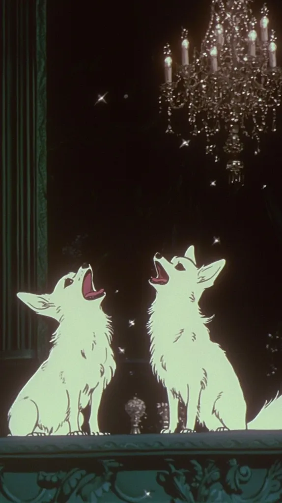 Here's a description of the image:

The image is a stylized illustration or still from an animation, possibly anime. Two luminous white, fox-like creatures sit side-by-side on an ornate, dark green ledge, their heads tilted back in a shared howl or cry.  Above them, a glittering chandelier hangs, casting a soft light and shimmering dust motes in the dark air. The background is predominantly black, emphasizing the creatures' luminescence. The overall aesthetic is dark, romantic, and slightly ethereal.
