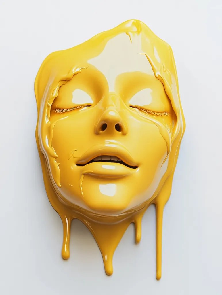 Here's a description of the image:

The image shows a stylized face mask, seemingly made of a viscous, bright yellow substance. The mask is sculpted in the shape of a human face with eyes closed, and its texture is glossy and smooth. The material appears to be dripping downwards, creating thick, flowing strands that extend below the chin. The overall impression is one of fluidity, serenity, and a slightly surreal, almost melting quality. The background is a simple, off-white or light grey, which contrasts sharply with the vibrant yellow of the mask, making it the clear focal point of the image.