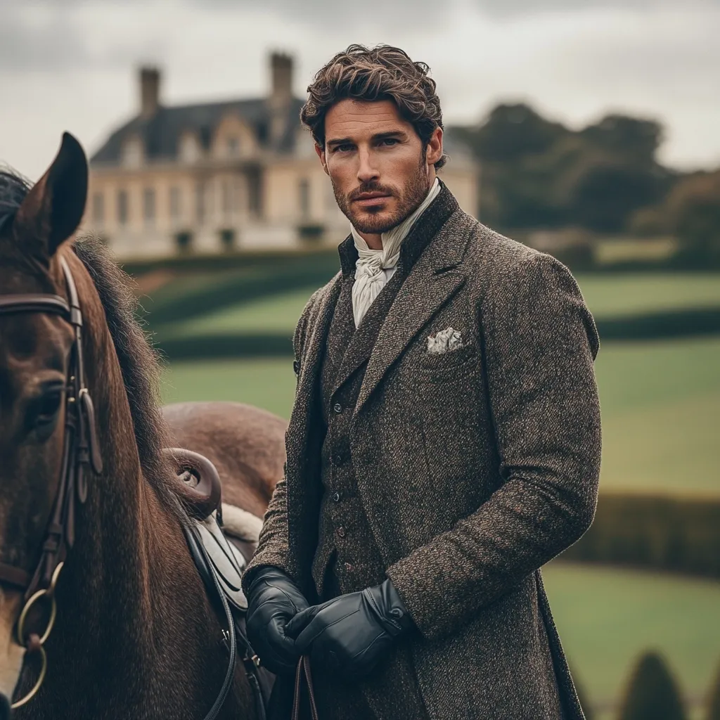 Here's a description of the image:

A handsome man with dark, wavy hair and a well-groomed beard stands beside a brown horse in a verdant field. He is dressed in a stylish, dark brown tweed overcoat, waistcoat, and high-collared shirt, reminiscent of classic equestrian attire.  The man wears black leather gloves.  A grand, light-colored mansion is visible in the background, adding to the overall impression of wealth and sophistication. The image has a slightly moody, romantic feel with soft, natural light.