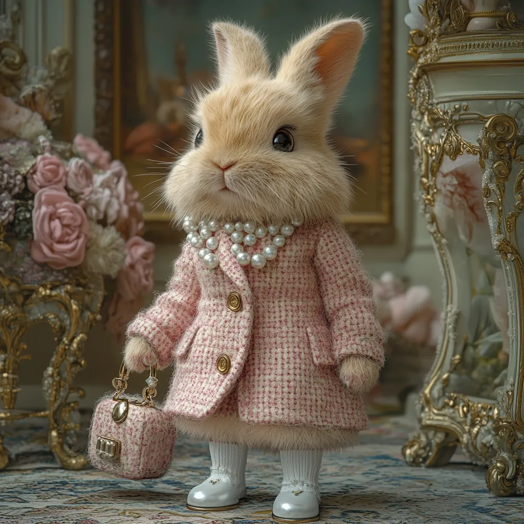 Here's a description of the image:

A fluffy, light brown rabbit is depicted in a charming, anthropomorphic scene.  It's dressed in a pink, checkered coat, white socks, and white shoes.  A pearl necklace adorns its neck, and it carries a matching pink handbag. The rabbit stands on a patterned carpet, next to an ornate, gold-accented table and a vase of pink roses, creating an elegant and luxurious setting. The overall style suggests a whimsical, fashion-focused illustration or digital art.