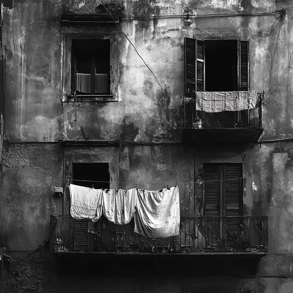 A black and white photograph depicts a weathered, multi-story building. The building's facade is distressed, showing age and decay. Two balconies, one above the other, are visible. Laundry hangs to dry on both balconies, adding a touch of domesticity to the otherwise stark scene. The windows and doors are dark and shuttered, further contributing to the image's overall mood of age and quiet. The overall effect is one of quiet decay and forgotten stories.