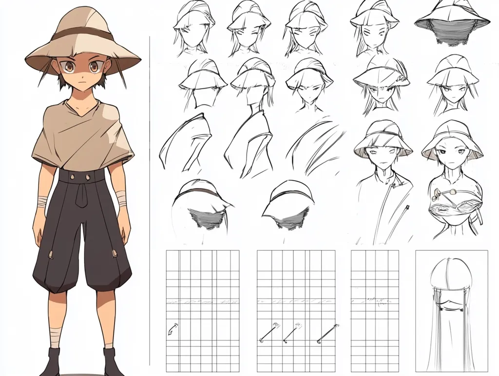 This image is concept art for an anime or manga character.  It features a full-body illustration of a young boy wearing a wide-brimmed hat and loose clothing. Accompanying the main illustration are various sketches exploring different hat styles, hairstyles, and clothing variations for both male and female characters.  Grids and linework suggest design planning and proportion studies. The style leans toward a simplistic, yet expressive aesthetic.