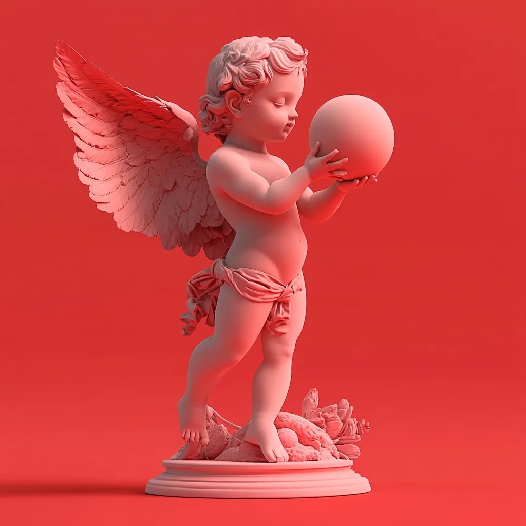 A cherubic, winged statue, rendered in a pale pink hue, stands against a vibrant red backdrop. The cherub, seemingly a cupid, gently cradles a sphere in its hands. Its wings are intricately detailed, and a fabric sash adorns its waist. The statue is positioned atop a circular base, with sculpted floral elements at its feet, creating a delicate and romantic scene. The monochromatic color palette and clean background enhance the statue’s classic, almost ethereal quality.