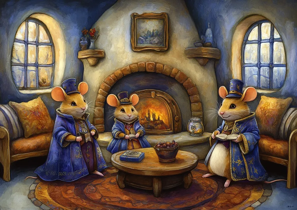 Three anthropomorphic mice, dressed in blue robes and top hats, are gathered in a cozy, rustic room.  A warm fire crackles in a large stone fireplace, casting a gentle glow on the scene.  The mice are seated around a low table, upon which rests a bowl of nuts and a small book. The room is charming, with arched windows offering a view of a snowy landscape.  The overall style is whimsical and fantastical, reminiscent of children's book illustration.
