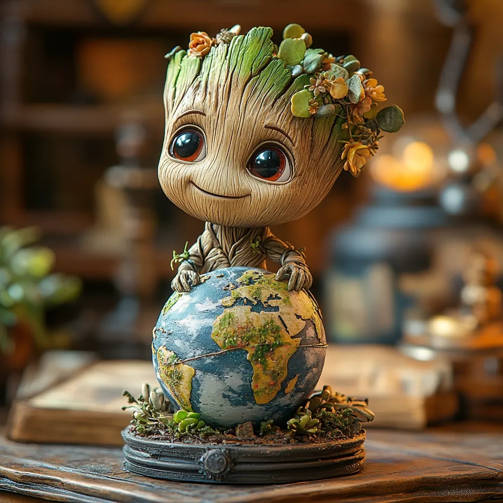 Here's a description of the image:

A charming figurine of Baby Groot, from Guardians of the Galaxy, is depicted.  He's crafted with a wood-like texture and features large, expressive eyes.  A crown of miniature succulents adorns his head. Groot is lovingly embracing a small, detailed globe, resting on a circular base with additional miniature plants. The overall style is whimsical and evokes feelings of environmental care. The background is blurred, showing a rustic, dimly lit setting which enhances the figurine's charm.