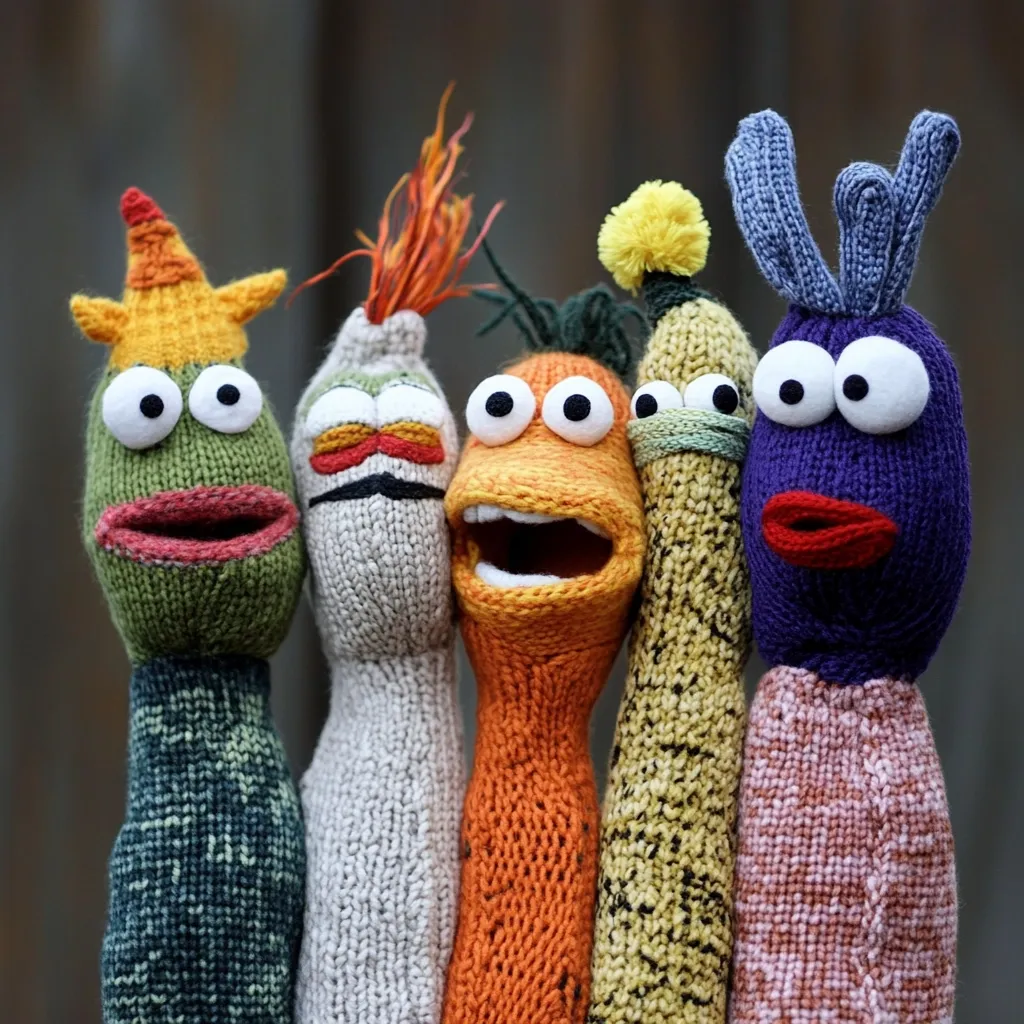 Here's a description of the image:

Five hand-knitted puppets stand shoulder-to-shoulder against a blurred, dark brown background.  Each puppet is uniquely colored and designed, with exaggerated features like large, googly eyes and expressive mouths. Their bodies are long and slender, crafted from chunky knit yarn in various shades of green, orange, beige, purple, and yellow.  The puppets' styles suggest whimsical characters, possibly inspired by children's television or fantasy. The overall impression is one of playful and quirky handmade artistry.