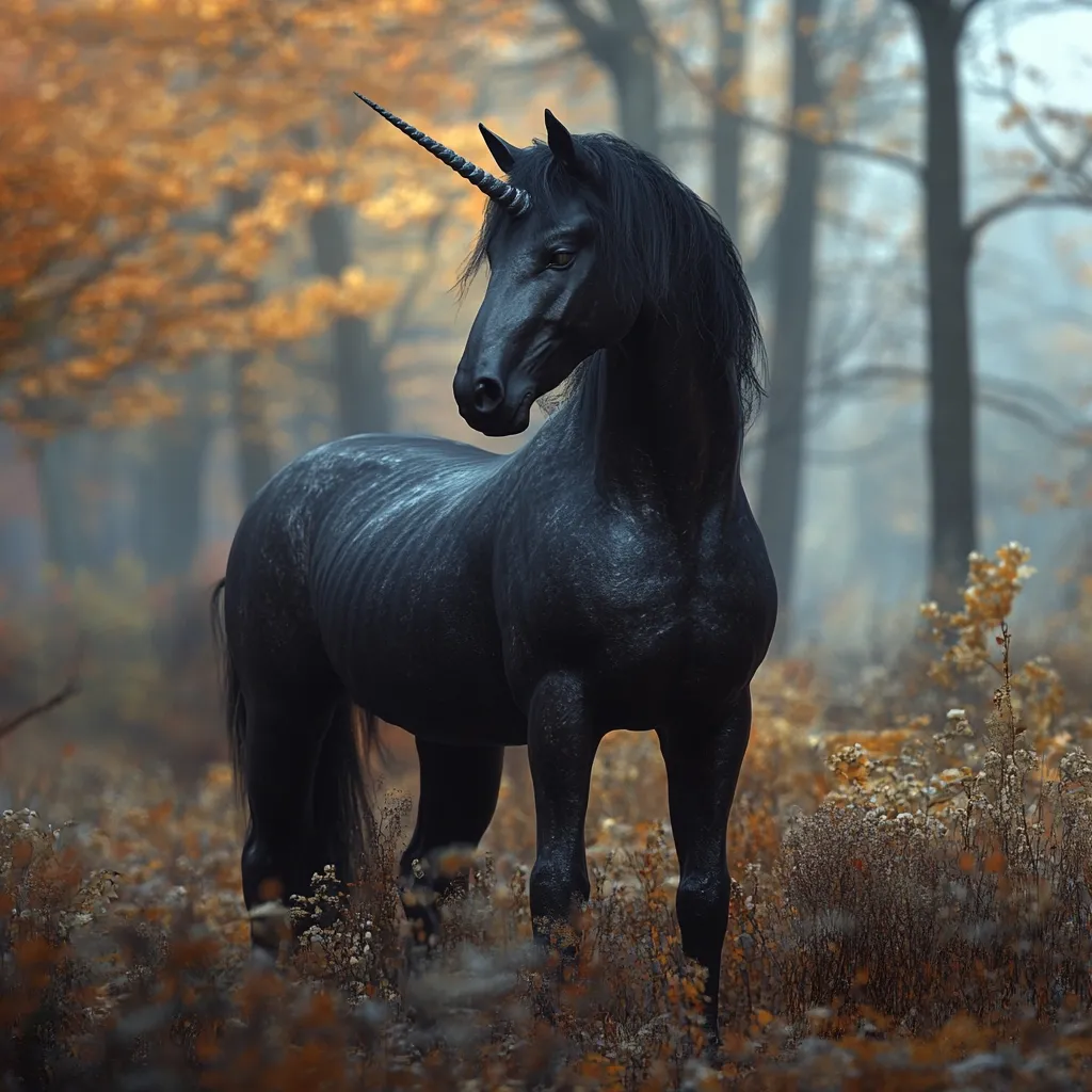 A majestic black unicorn stands in a misty autumn forest. Its dark coat contrasts sharply with the muted orange and brown hues of the fallen leaves and undergrowth. The unicorn's long, dark mane and tail flow gently, and its single horn gleams subtly.  The background is blurred, focusing attention on the mystical creature, which appears both powerful and serene within its woodland sanctuary.  The overall mood is one of enchantment and quiet mystery.