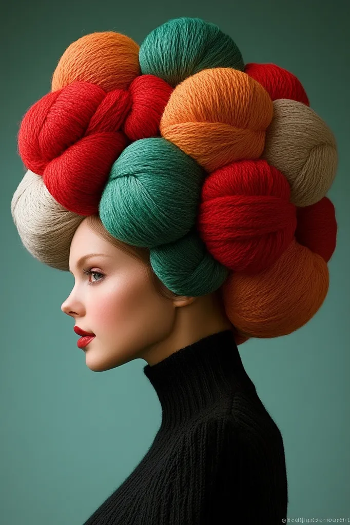 Here's a description of the image:

The photograph showcases a woman in profile, her head adorned with a striking headdress crafted from tightly wound balls of multicolored yarn.  The yarn is in shades of red, orange, green, and beige, creating a vibrant, textured effect resembling a blooming flower. Her black turtleneck sweater provides a stark contrast against the colorful headpiece.  The background is a muted teal, drawing attention to the model and her unique hairstyle. The overall aesthetic is artistic and stylized, possibly a fashion or art photography piece.