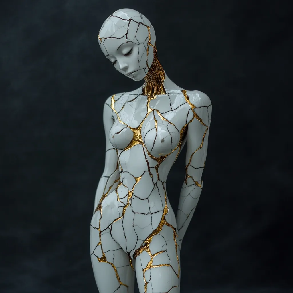 The image shows a sculpted figure of a woman, rendered in off-white ceramic.  Her body is extensively cracked, with gold accents filling the fissures, suggesting fragility and repair.  The figure's head is bowed slightly, and her pose is demure.  The dark background accentuates the sculpture's pale color and intricate detailing.  The overall aesthetic blends elements of classical form with a modern, almost futuristic feel, hinting at themes of vulnerability and resilience.
