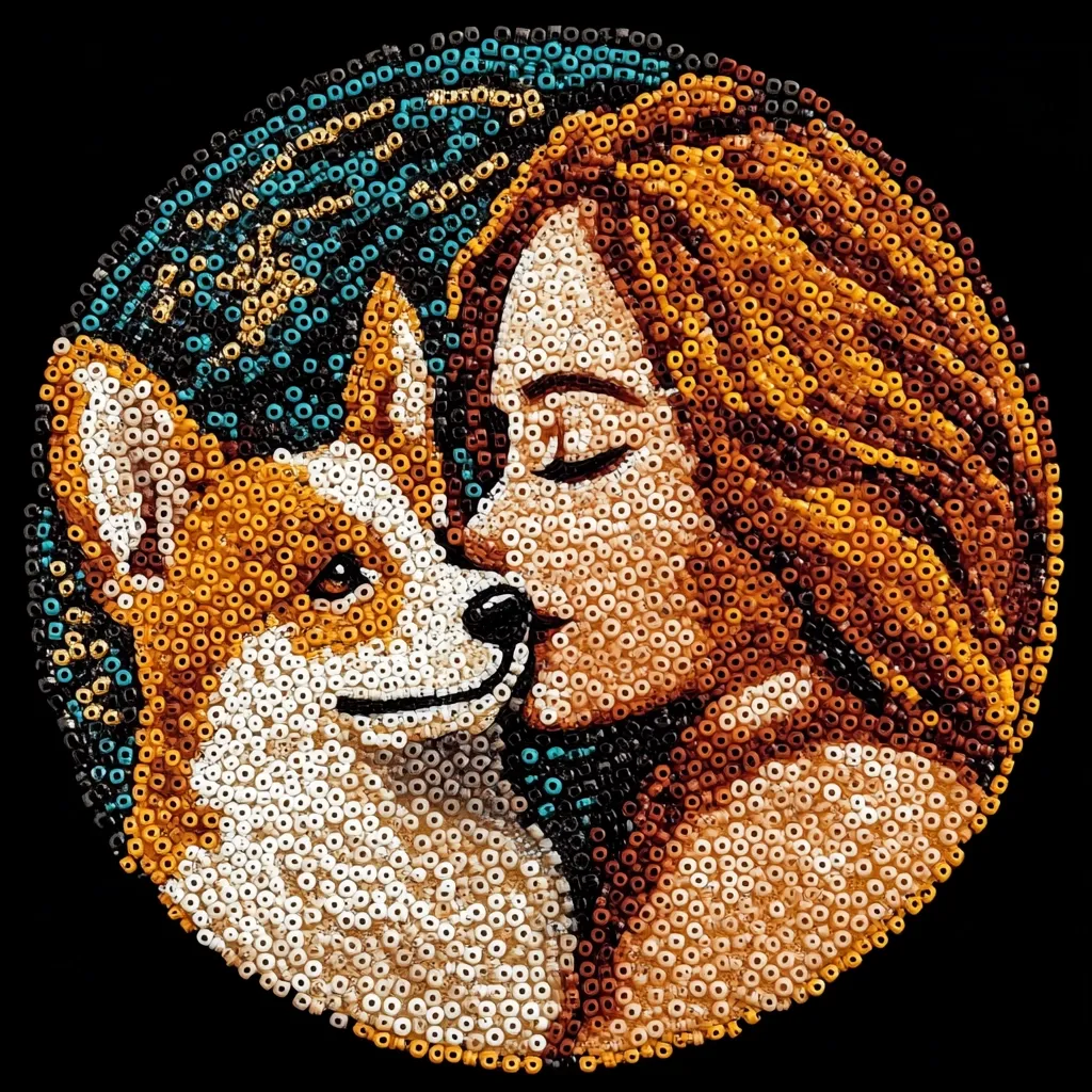 Here's a description of the image:

A circular beadwork artwork depicts a young woman with long, reddish-brown hair gently nuzzling a corgi dog.  The woman's eyes are closed, suggesting a moment of peaceful affection. The dog's fur is rendered in creamy whites and oranges, contrasting with the woman's hair.  The background features a stylized, swirling pattern of teal, gold, and black beads, adding depth and visual interest. The entire piece is crafted with small, uniform beads, creating a textured, mosaic-like effect.  The overall impression is one of warmth, tenderness, and artistic skill.