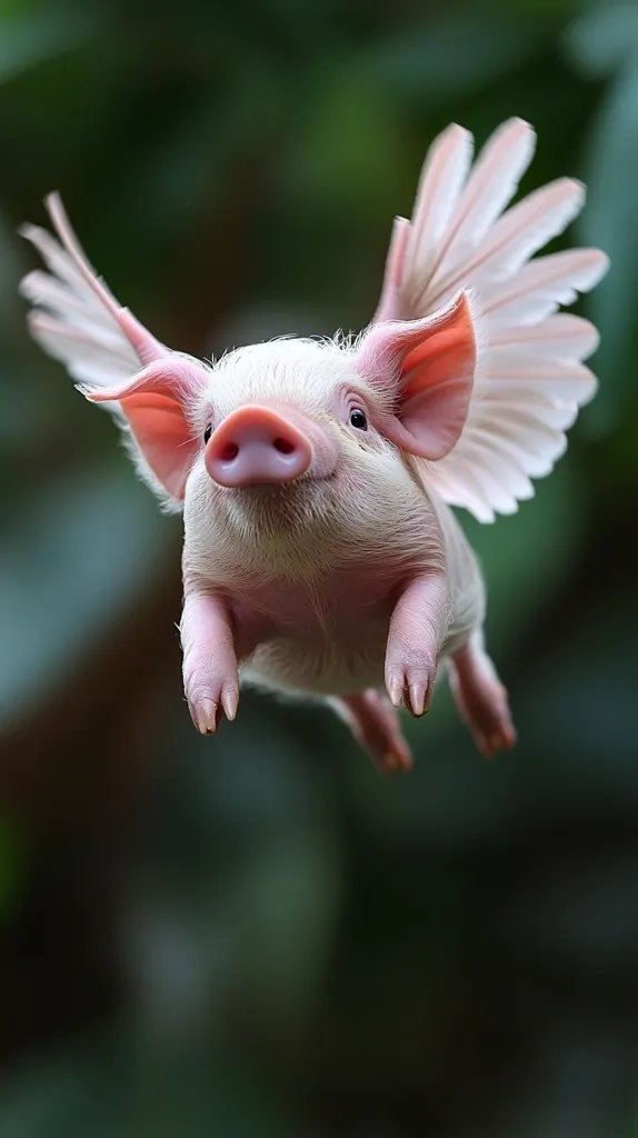 Here's a description of the image:

The photograph shows a charming, whimsical image of a piglet seemingly in flight.  The piglet is light pink, with small, delicate features.  Attached to its back are large, feathery, white wings that appear ethereal and almost unreal. The piglet's expression is serene, and its tiny hooves are slightly splayed as if mid-flight. The background is blurred, a soft green that emphasizes the piglet as the focal point. The overall effect is cute and fantastical, suggesting a dreamlike or imaginary scenario.