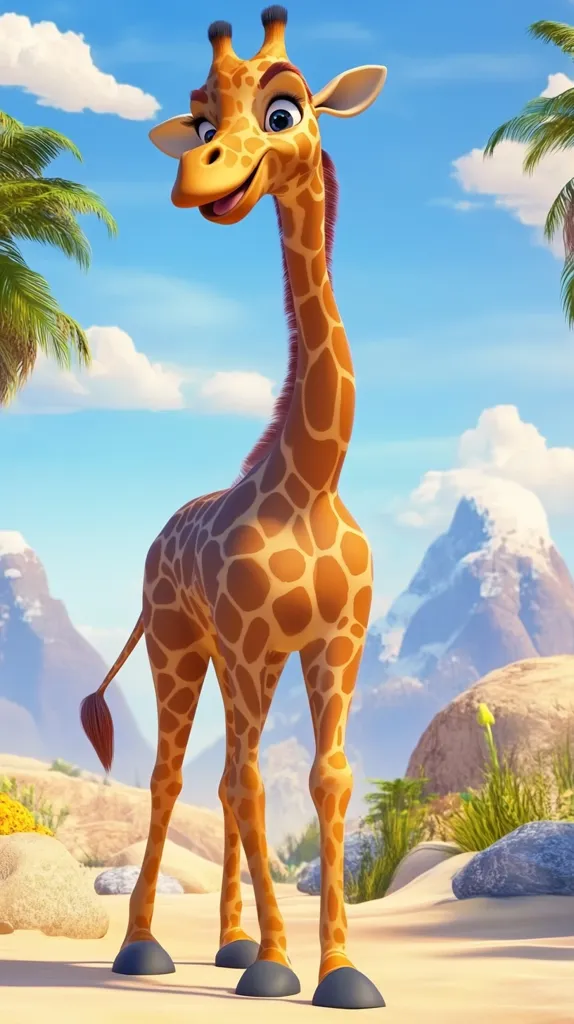 A cheerful, cartoon giraffe stands in a sunny savanna landscape.  Its large, expressive eyes and friendly smile are prominent features.  The giraffe's coat is a vibrant orange-brown with characteristic dark spots.  The background includes a blue sky with fluffy clouds, palm trees, rocky outcrops, and snow-capped mountains in the distance, creating a vibrant and idyllic scene.  The overall style suggests a children's animation or illustration.