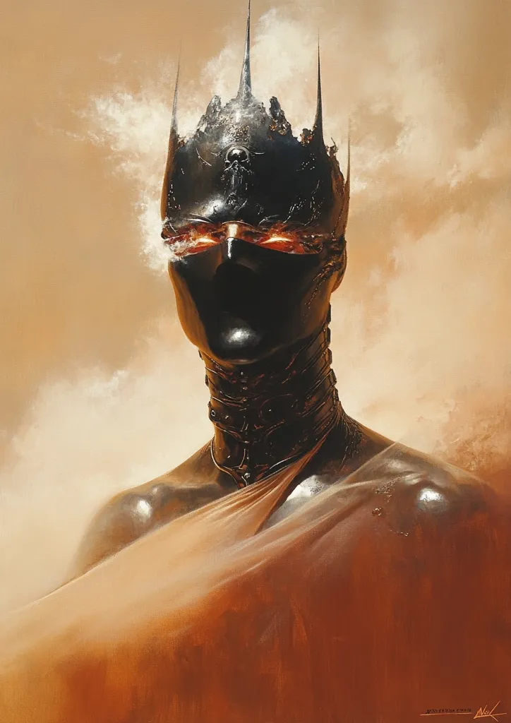 The artwork depicts a figure, possibly a queen or deity, adorned in a large, ornate, dark crown that seems almost to be dissolving into smoke.  The figure wears a dark, concealing mask, revealing only glowing eyes.  A metallic, segmented collar encircles their neck.  They are draped in a flowing, light tan garment, creating a contrast against the dark crown and mask. The background is a hazy, warm ochre, suggesting a desert or mystical setting. The overall style is dark fantasy or science fantasy, with a focus on dramatic lighting and atmospheric effects.