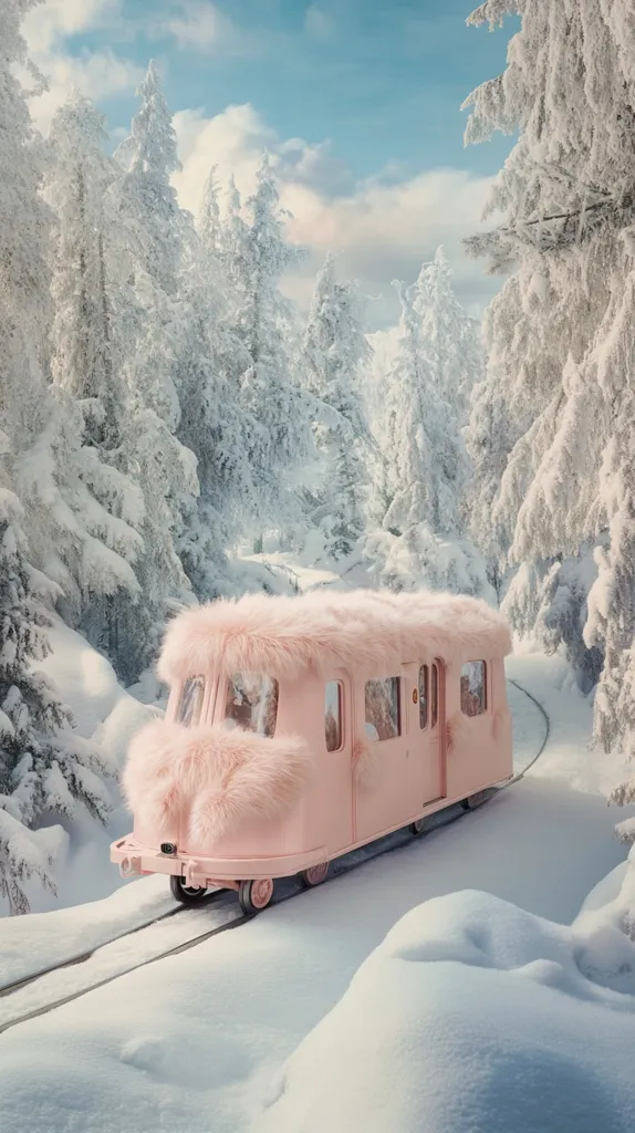 A whimsical pink train, covered in fluffy pink fur, travels along a snowy track through a winter wonderland.  Snow-laden pine trees line the path, creating a magical, fairytale-like scene. The train's charming design contrasts with the stark beauty of the cold, snowy landscape.  The overall image is serene and fantastical.