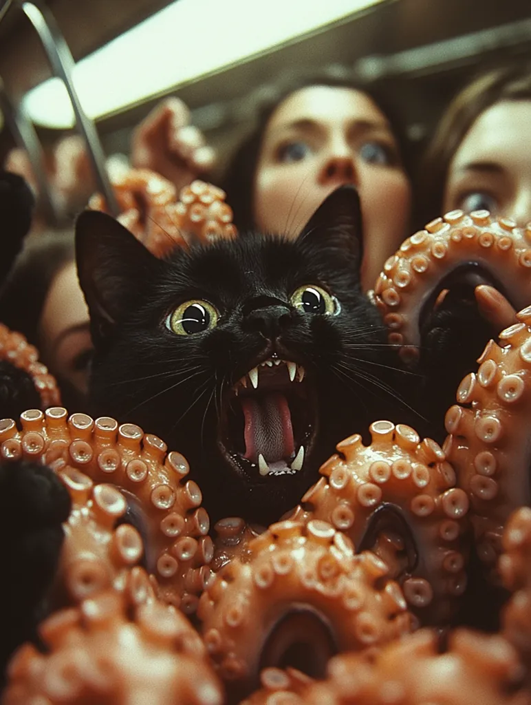 A black cat with wide, startled eyes and bared teeth is surrounded by numerous octopus tentacles.  The cat's expression is one of alarm or aggression.  In the blurred background, two women's faces are visible, seemingly holding the octopuses.  The overall image is darkly lit and creates a slightly unsettling, surreal atmosphere. The focus is sharply on the cat amidst the textured tentacles.
