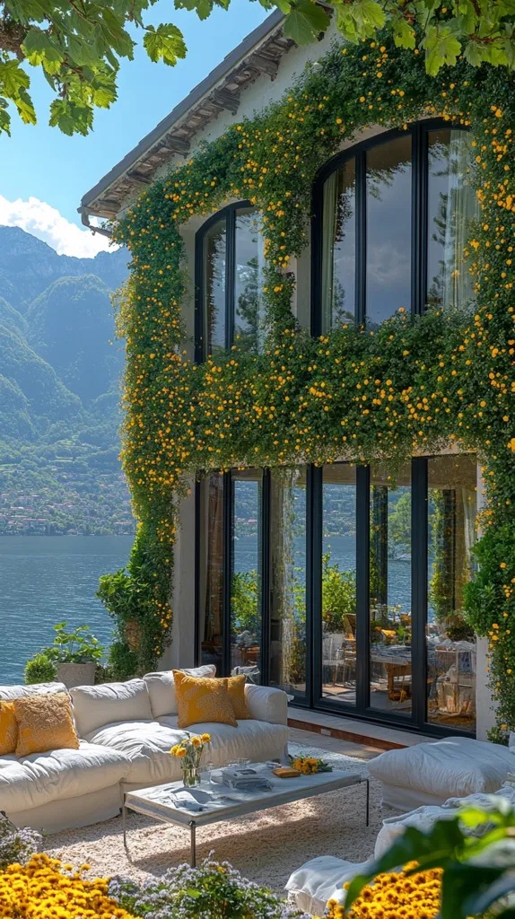 Here's a description of the image:

A luxurious lakeside home, its facade adorned with vibrant yellow flowering vines, enjoys a stunning mountain view.  Large, dark-framed windows showcase the interior and the breathtaking scenery.  A comfortable, off-white sectional sofa and matching floor cushions are arranged on a patio, overlooking the water.  A low coffee table sits in front, holding a vase of yellow flowers. The overall scene is one of peaceful elegance and idyllic relaxation.  Bright sunshine and lush greenery complete the picturesque setting.