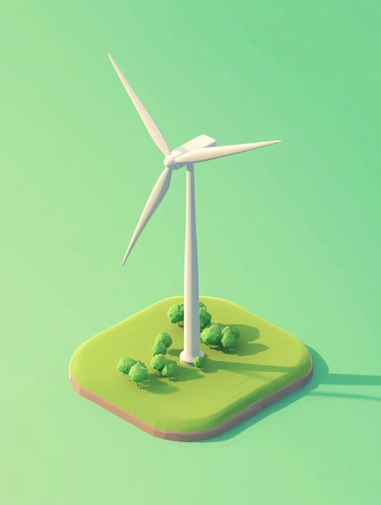 Here's a description of the image:

The image is a low-poly 3D rendering of a wind turbine situated on a small, square island. The island is a vibrant green, with simplified, low-poly trees clustered around the base of the turbine. The turbine itself is white, with three blades, and stands tall against a pale green background. The overall style is minimalist and clean, emphasizing the integration of renewable energy within a natural environment.  The scene is brightly lit, casting soft shadows.