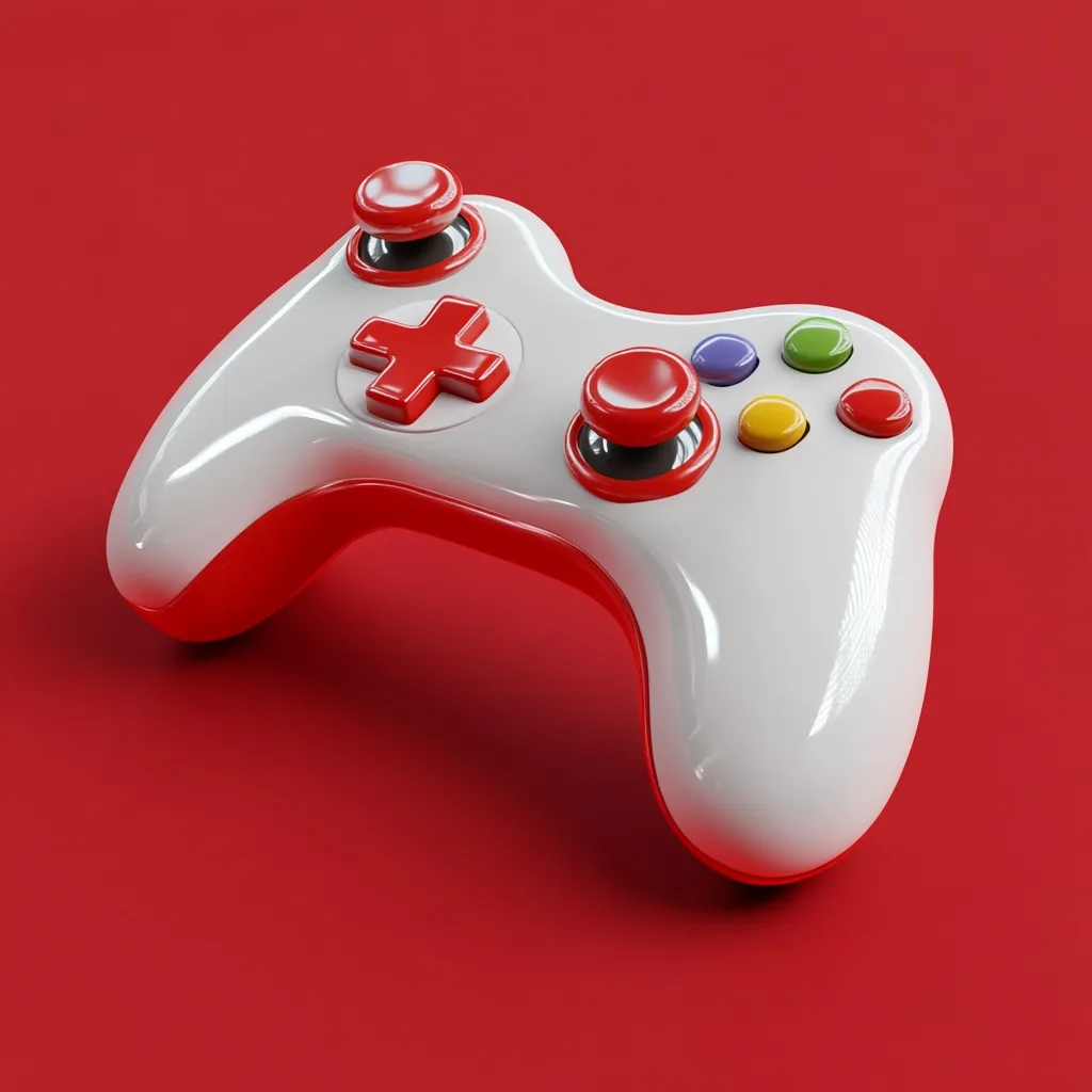 Here's a description of the image:

A predominantly white video game controller rests on a vibrant red surface.  Accents of red are present on the controller's handles and directional buttons, while smaller, colorful buttons add a playful touch. The controller is positioned at a slight angle, showcasing its smooth, glossy finish.  The overall impression is one of modern design and vibrant energy.