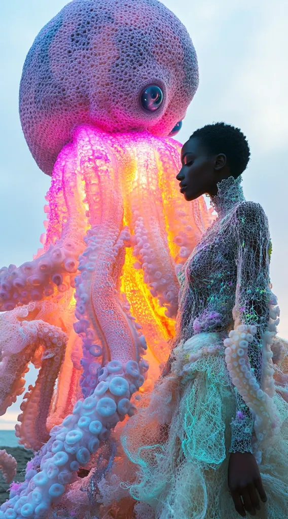 A striking image features a large, illuminated octopus sculpture in soft pinks and oranges, positioned beside a model. The model is a dark-skinned woman wearing a flowing, ethereal gown crafted from a translucent, net-like material that echoes the octopus' texture. The scene is set against a muted sky, creating a surreal and dreamlike atmosphere.  The lighting enhances the vibrant colors, emphasizing the intricate details of both the sculpture and the gown, suggesting a harmonious blend of nature and art.