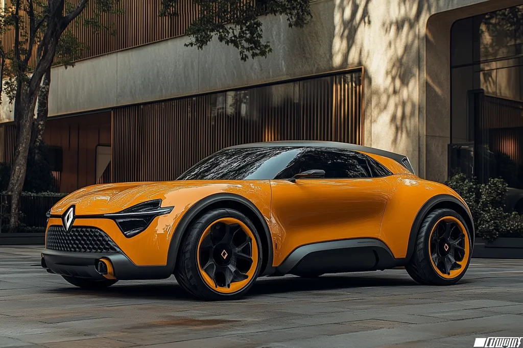 Here's a description of the image:

The image shows a vibrant orange concept car, possibly a Renault design, parked in front of a modern building with a wood and concrete facade.  The car has a sporty, compact SUV design with black accents on the lower body and wheels. Its sleek lines and large, black-rimmed orange wheels are striking. The car appears to be a two-door coupe with a dark tinted roof. The setting is subtly luxurious, suggesting a high-end automobile. The overall impression is one of modern design and sporty elegance.