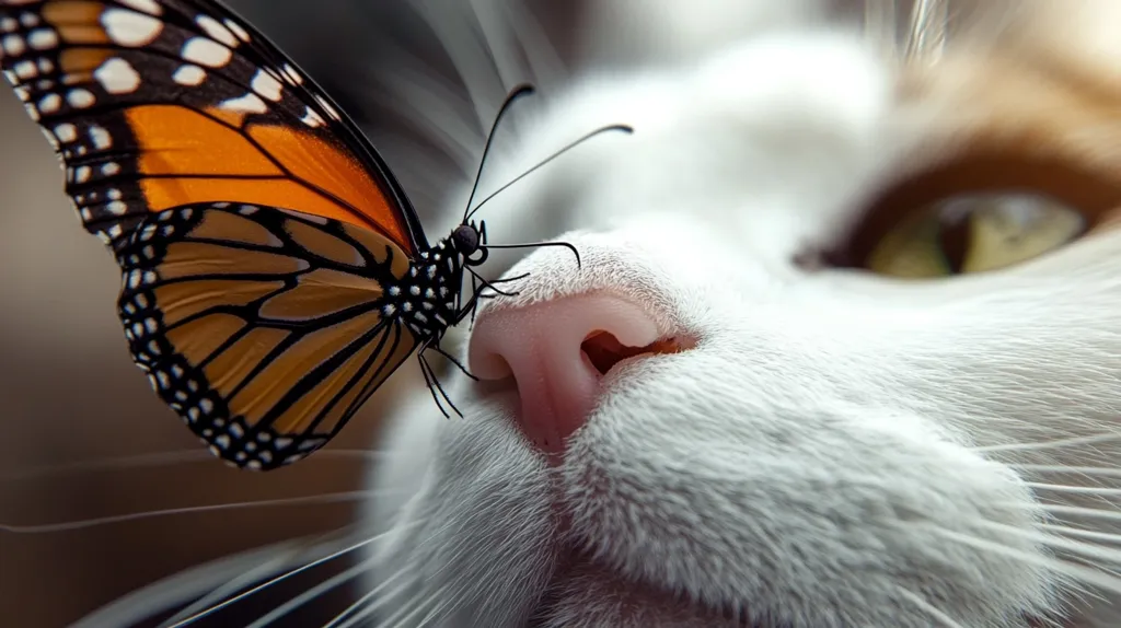 Here's a description of the image:

Close-up view of a monarch butterfly's wing delicately touching the pink nose of a white cat with orange tabby markings. The cat's fur is soft and fluffy, contrasting with the intricate details of the butterfly's wing patterns. The focus is sharp on both the butterfly and the cat's nose, creating a striking juxtaposition of nature and domesticity. The background is blurred, drawing attention to the intimate interaction between the two creatures. The overall mood is peaceful and serene.