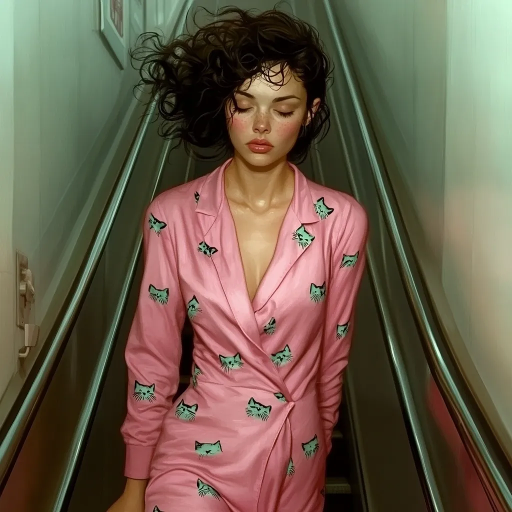 Here's a description of the image:

The artwork depicts a young woman with dark, windblown hair, descending a metallic escalator. She's wearing a pink, long-sleeved jumpsuit adorned with a repeated pattern of stylized teal cat faces. Her expression is serene, almost melancholic, her eyes gently closed.  The setting is a muted, greenish hallway, lending an air of quiet contemplation to the scene. The overall style is hyperrealistic, with a focus on soft lighting and detailed textures.